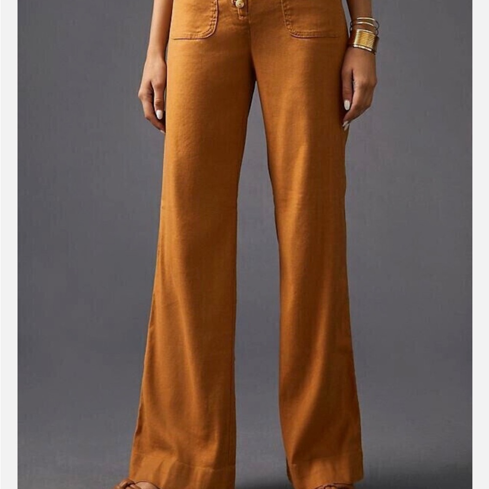Anthropologie Maeve Relaxed Wide-Leg Trousers Pants High Rise Linen Cedar - Picture 2 of 9